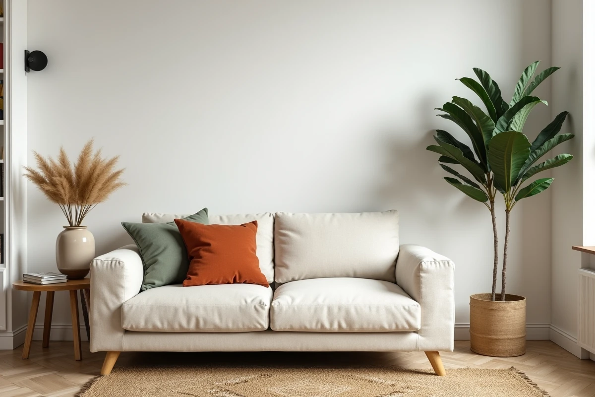 Salon scandinave moderne avec canapé en lin crème, coussins terracotta et plante verte tendance