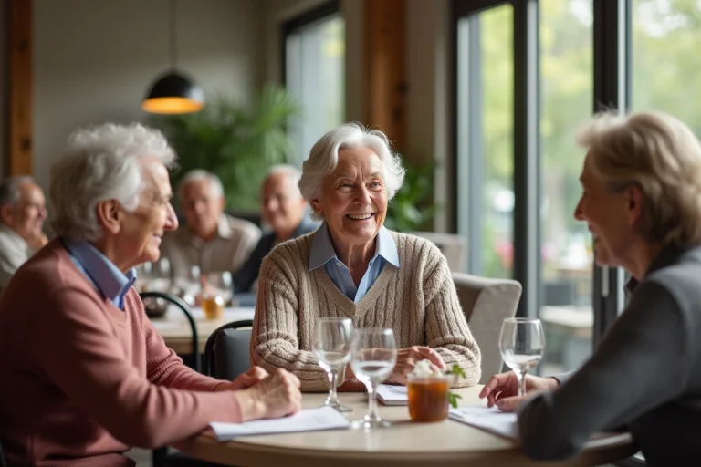 Trois seniors souriants lors d'un dîner convivial au restaurant