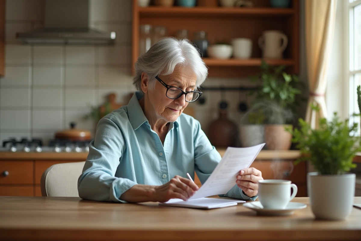 Senior femme âgée organisant ses médicaments hebdomadaires dans une cuisine chaleureuse avec une tasse de tisane