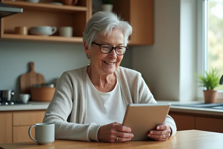 Femme âgée utilisant une tablette dans la cuisine chaleureuse