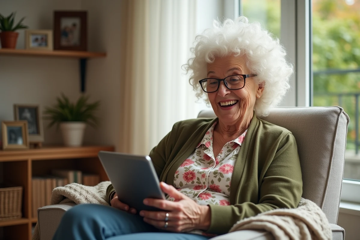 Personne âgée utilisant une tablette numérique pour une téléconsultation médicale depuis son salon confortable