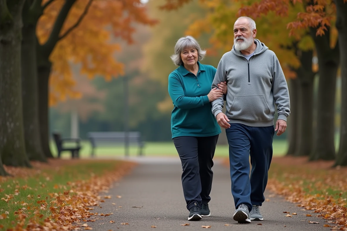 Senior homme âgé marchant en extérieur avec une physiothérapeute dans un parc en automne pour améliorer sa mobilité