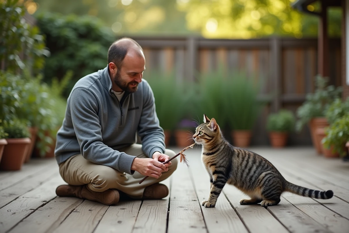 Homme jouant avec son chat tigré sur une terrasse en bois à l'extérieur, stimulation mentale et bien-être des animaux de compagnie