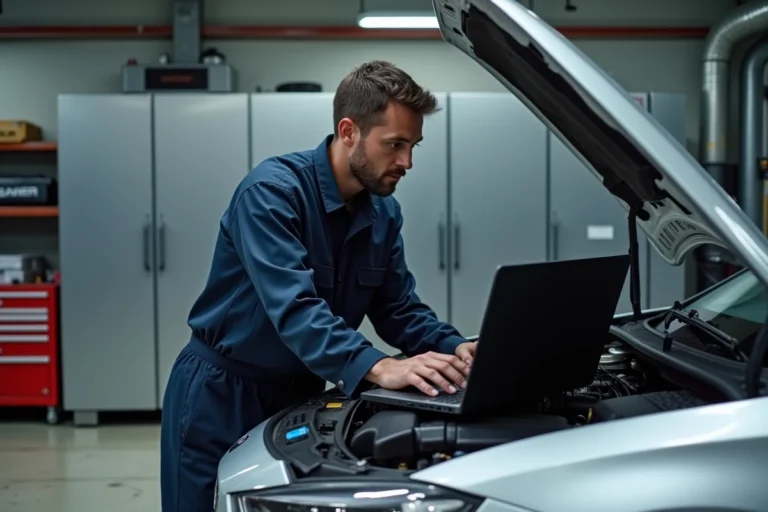 Technicien automobile connectant un ordinateur de diagnostic OBD sur le moteur d'une berline moderne dans un garage professionnel