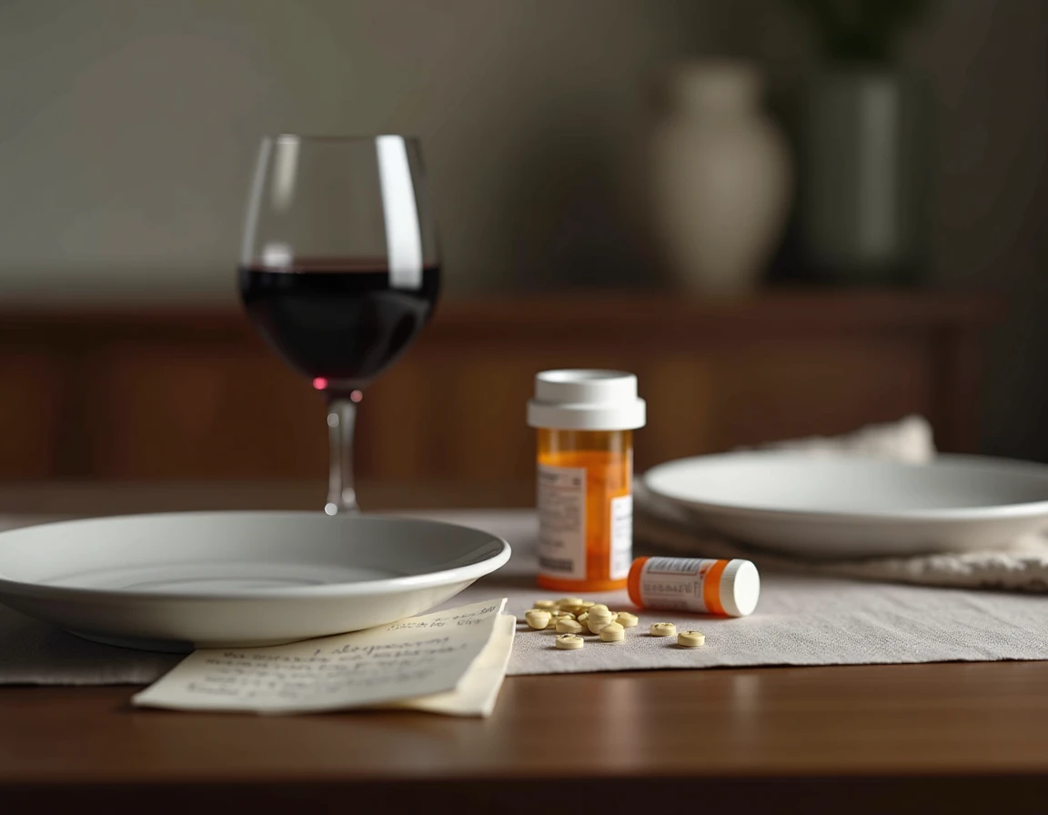 Verre de vin rouge écarté à côté d'un pilulier et d'une boîte de médicaments sur une table à dîner illustrant les risques de mélanger alcool et bêta-bloquants